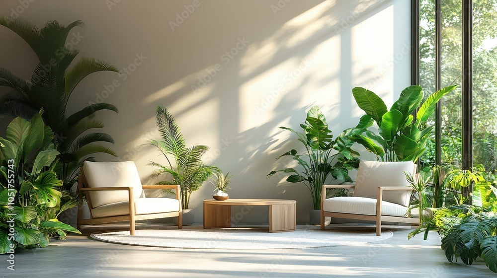 Fototapeta premium A serene waiting room filled with comfortable seating and plants, promoting calmness.