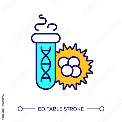 Genetically modified cell RGB color icon. Test tube with dna and cells cluster. Biotechnology. Lab research. Isolated vector illustration. Simple filled line drawing. Editable stroke