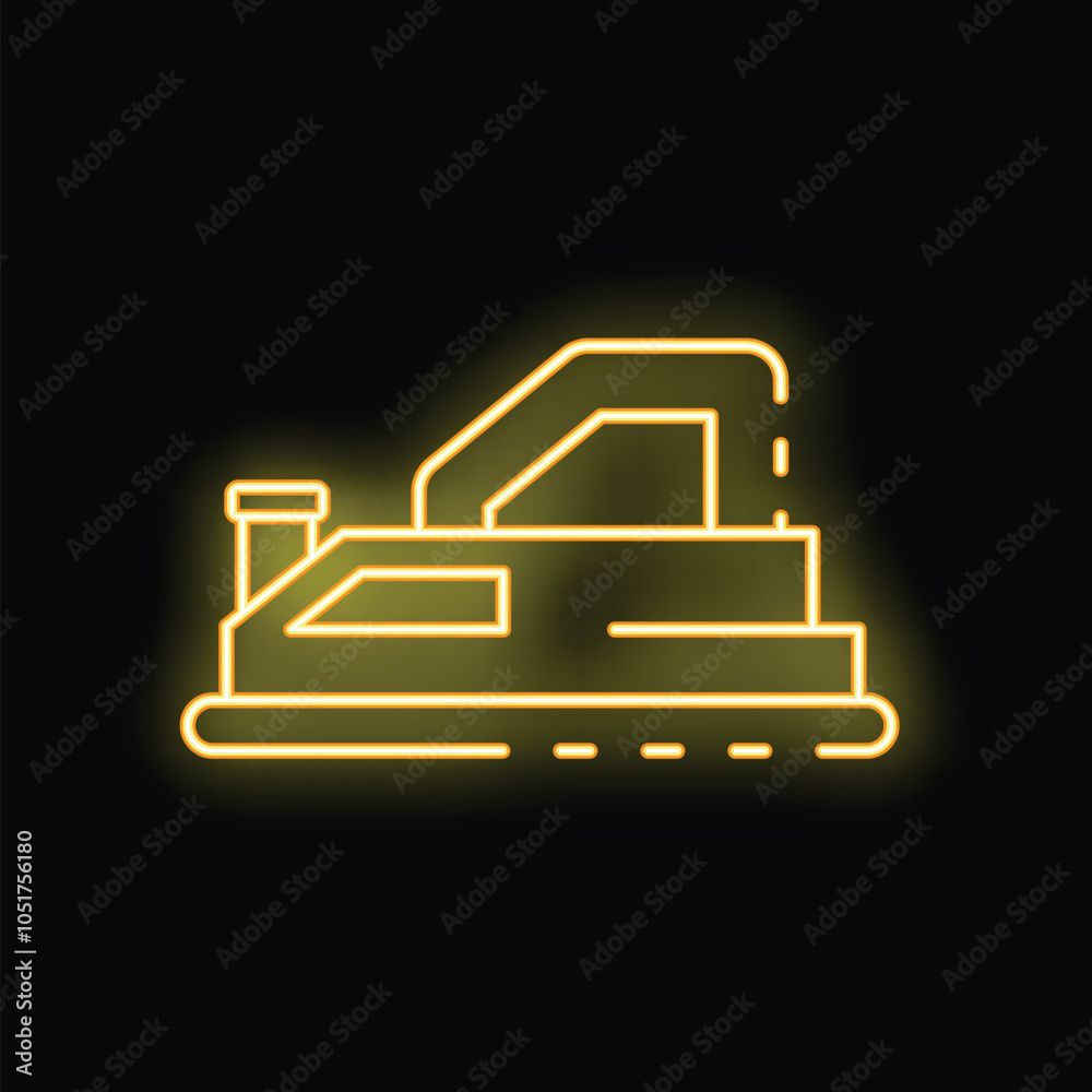 Bright yellow neon icon of a steam iron glowing on a black background representing laundry, clothing care and household chores