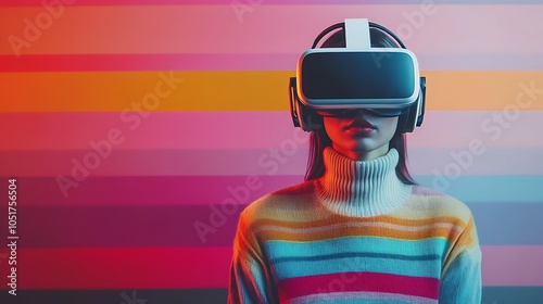 Woman Experiencing Virtual Reality in Colorful Environment