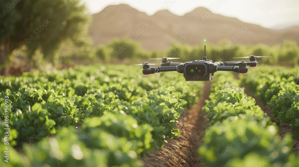 Drone monitoring crops in a lush agricultural field at sunset Drone monitoring crops in a lush agricultural field at sunset