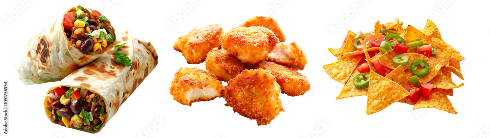 Classic burrito and nachos with meat, beans, corn, cheese, and fresh salsa and crispy Chicken Nuggets isolated on white transparent background. Classic burrito and nachos with meat, beans, corn, cheese, and fresh salsa and crispy Chicken Nuggets isolated on white transparent background.