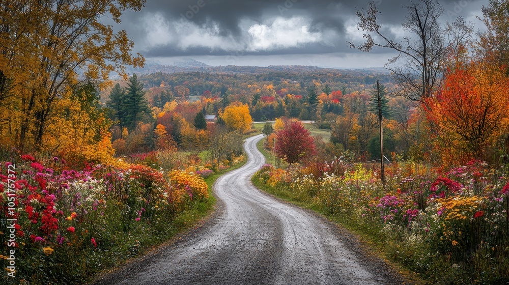 Obraz premium A winding country road framed by colorful hedgerows and wildflowers.