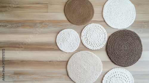 Bohemian Chic: A collection of round crochet placemats in a variety of textures and colors, arranged on a light wood floor. photo