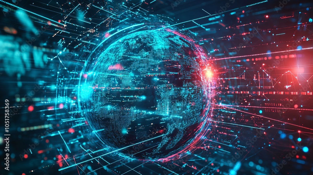 Fototapeta premium 3D illustration of Earth planet in space with glowing lines. Global network connection and technology background.