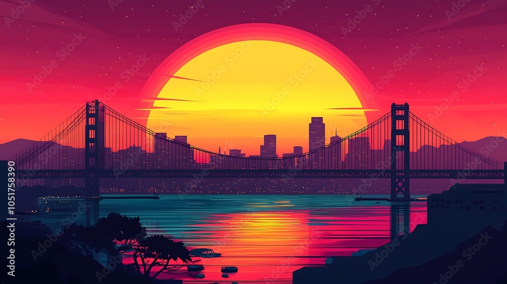 Obraz premium Flat illustration of the Golden Gate Bridge silhouette at sunset, set against a vibrant gradient sky of bright orange and deep red,