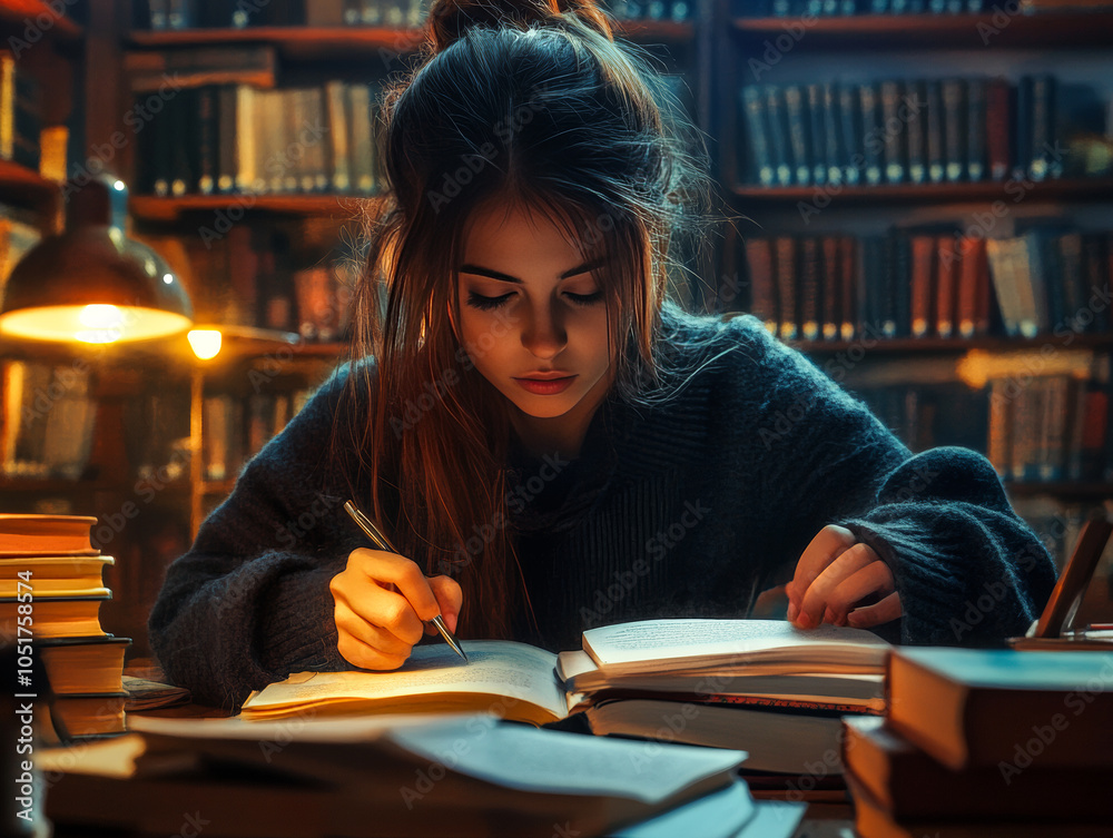 Student Taking Notes in a Quiet Library Setting Student Taking Notes in a Quiet Library Setting
