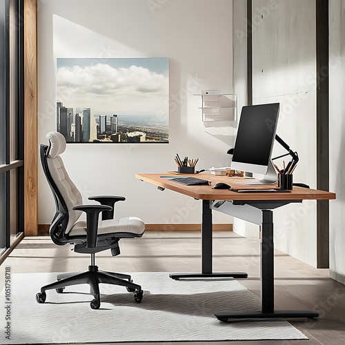 Modern Home Office With Ergonomic Chair And Adjustable Desk