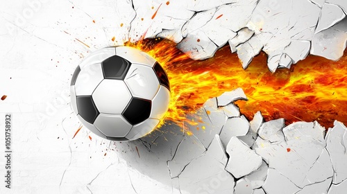 Fototapeta Naklejka Na Ścianę i Meble -  A soccer ball bursts through a wall of fire and debris.