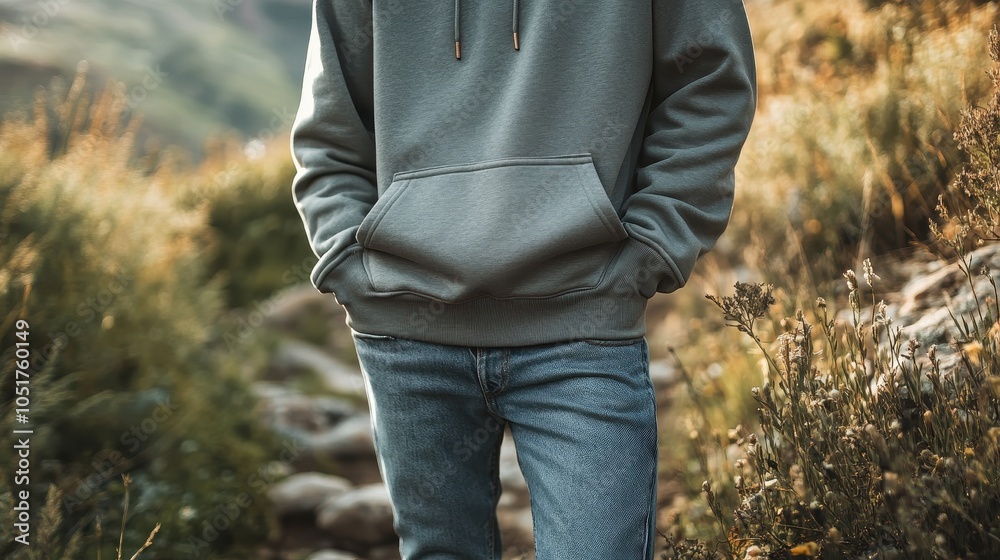 Fototapeta premium An outdoor scene featuring a hoodie mockup paired with denim jeans on a rocky path.