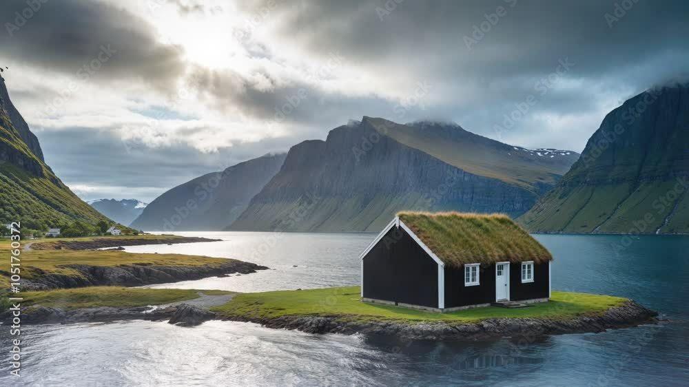 A picturesque black wooden house with grass roof on an island in a fjord surrounded by dramatic mountains. A picturesque black wooden house with grass roof on an island in a fjord surrounded by dramatic mountains.