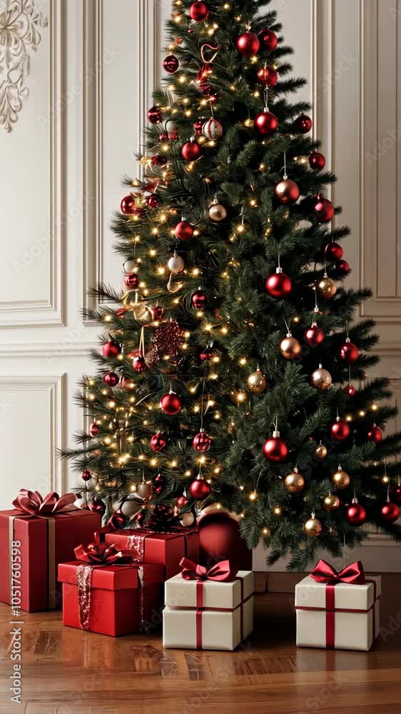 A decorated Christmas tree with presents and ornaments in a classic living room.