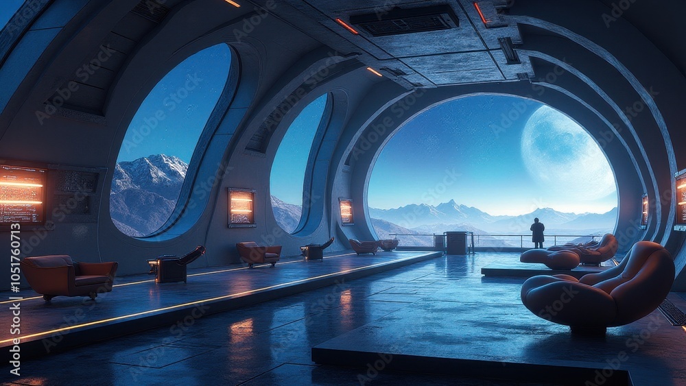 Fototapeta premium Futuristic space station interiors merge cutting-edge technology with functional design. Perfect for sci-fi productions and architectural visualization, featuring living spaces and research facilities