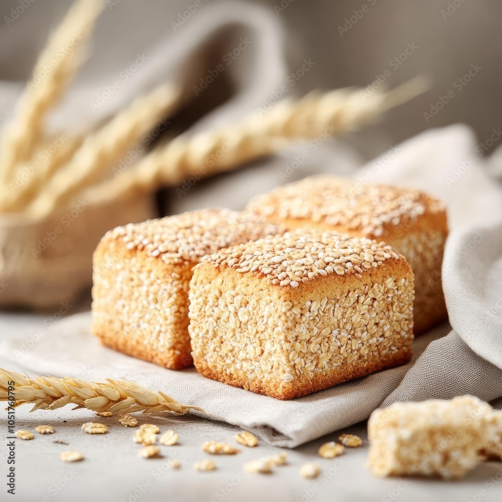 Freshly baked cereal bales, golden brown and inviting Freshly baked cereal bales, golden brown and inviting