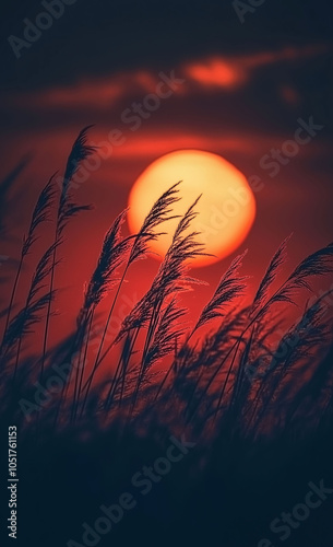 Sunset Behind Silhouetted Tall Grass photo