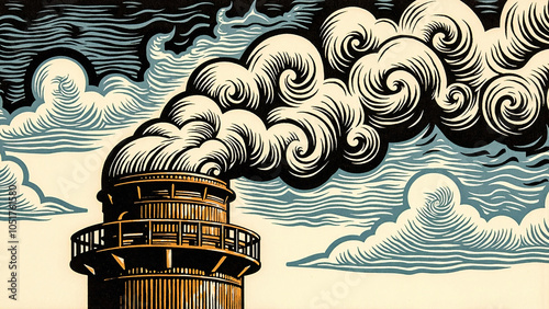 Vintage woodcut-style illustration of a factory chimney on the left and billowing smokestacks, emitting thick swirling clouds of smoke. Air pollution concept in a stylized, impactful way