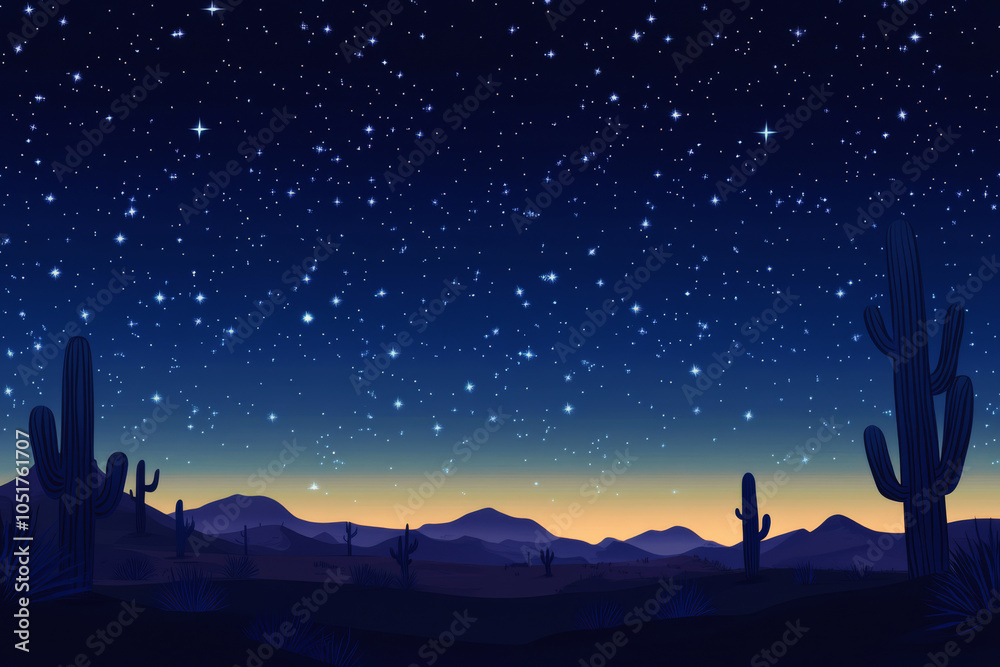Desert landscape under starry night sky with cacti silhouettes. Colorful illustrations of national park with cactuses against mountains background Desert landscape under starry night sky with cacti silhouettes. Colorful illustrations of national park with cactuses against mountains background