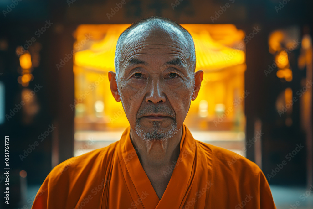 Portrait of elderly Buddhist monk wearing orange robe against traditional temple backdrop Portrait of elderly Buddhist monk wearing orange robe against traditional temple backdrop