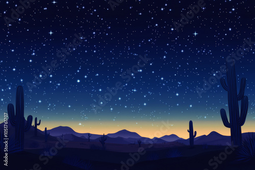 Desert landscape under starry night sky with cacti silhouettes. Colorful illustrations of national park with cactuses against mountains background photo