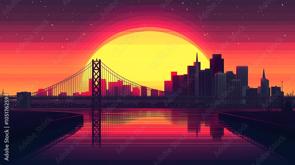 Obraz premium Flat illustration of the San Francisco skyline silhouette with the Golden Gate Bridge, featuring a bold sunset background in shades of red, orange, and purple, highlighting the bridge's iconic shape.
