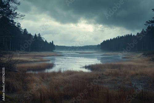 Moody Wetland Landscape with Overcast Sky photo