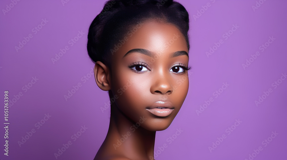 Portrait of smiling African American girl with purple background banner. Portrait of smiling African American girl with purple background banner.