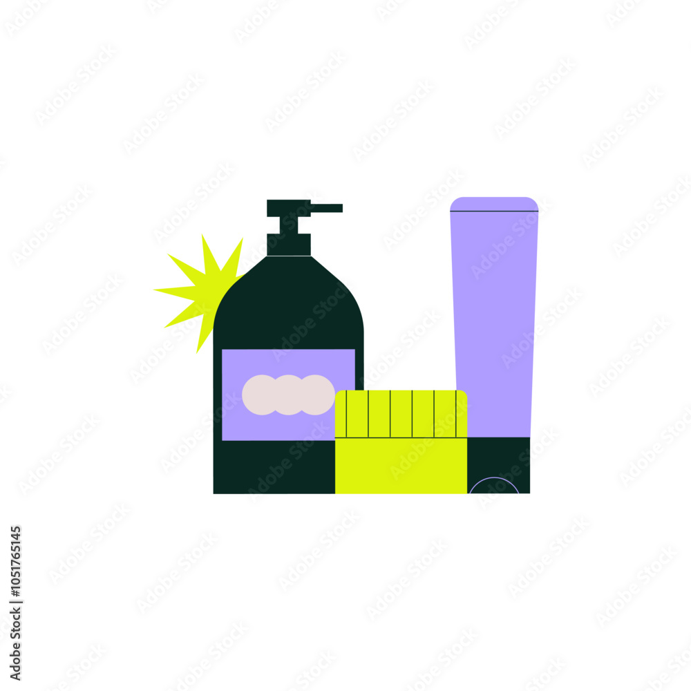 Shampoo, cream jar, and lotion bottle in flat vector illustration symbolizing skincare, hair care, and personal grooming products Shampoo, cream jar, and lotion bottle in flat vector illustration symbolizing skincare, hair care, and personal grooming products
