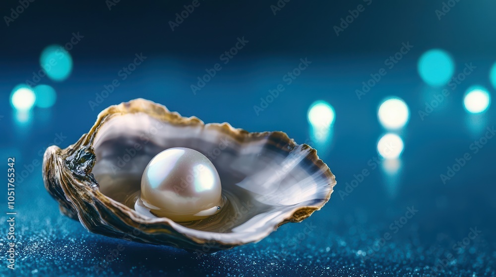 Pearl nestled in an oyster shell, shimmering on a blue background.