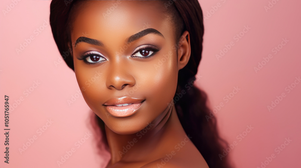 Portrait of smiling African American girl with pink background banner.