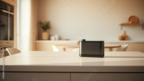 A minimalist kitchen design with a sleek, modern device resting on a pristine white countertop, bathed in soft natural light.