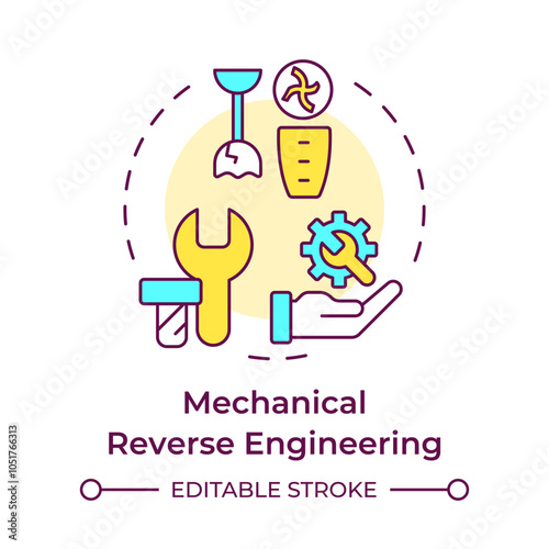 Mechanical reverse engineering multi color concept icon. Analyzing, replicating, understanding mechanical parts. Round shape line illustration. Abstract idea. Graphic design. Easy to use in article