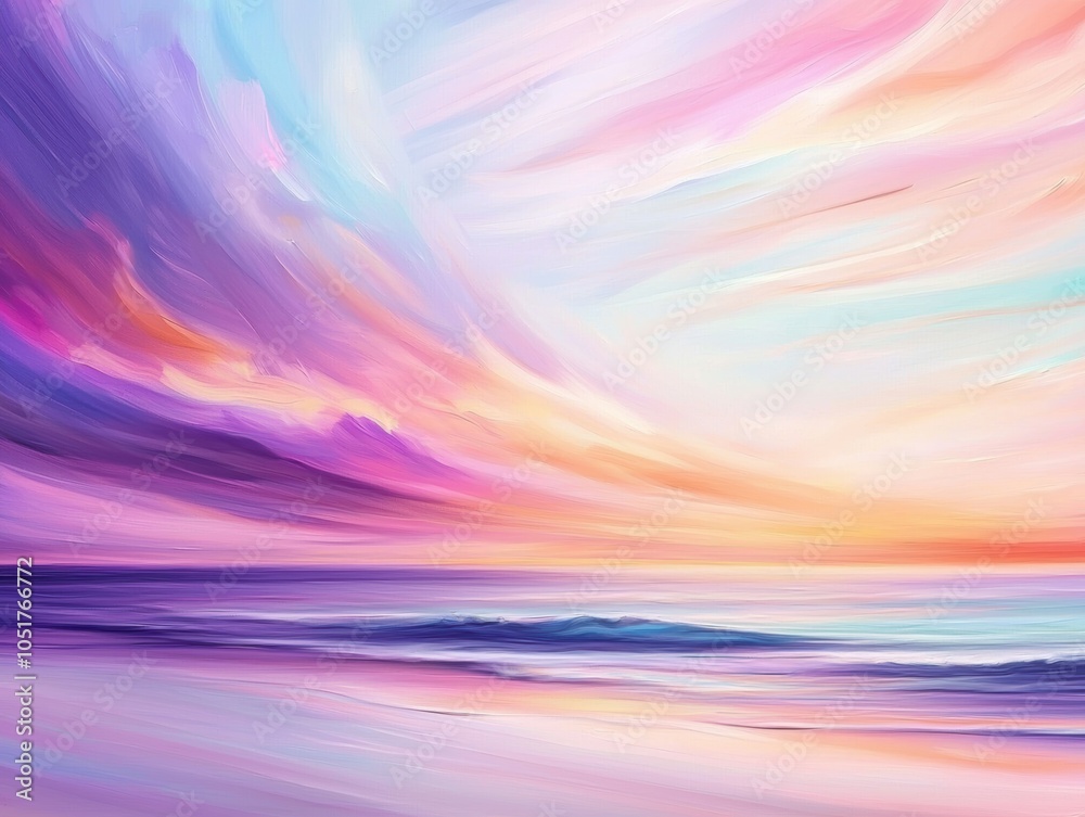 Fototapeta premium Sunset over the ocean in an expressive, colorful style, the sky and water painted with strokes of purple, pink, and orange, radiating warmth and calm