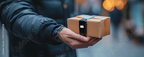 A person receiving a package notification on their smartwatch, showing estimated delivery time photo