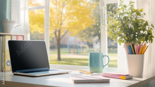 cozy study desk with colorful school supplies is set by window, offering view of sunny autumn day. laptop, steaming mug, and vibrant stationery create warm, inviting atmosphere.