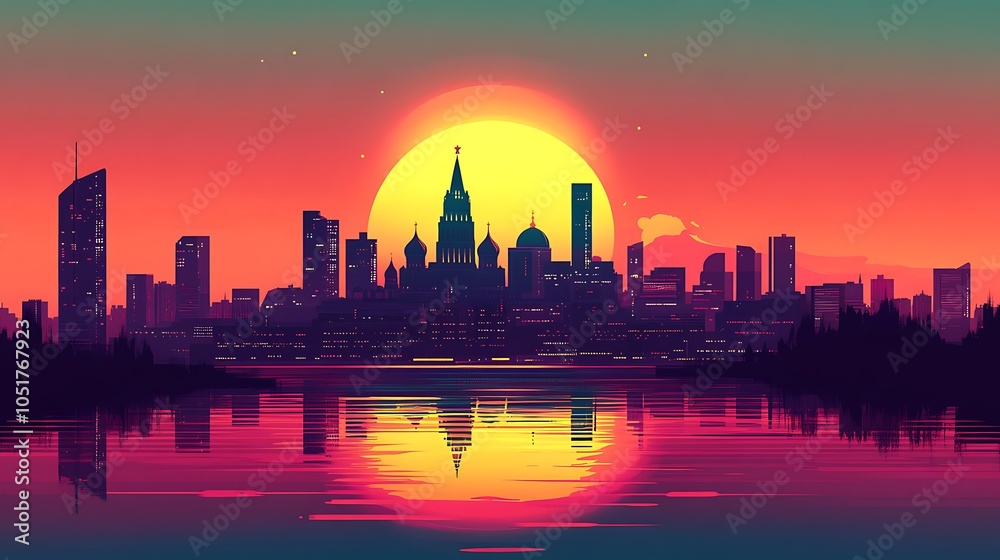 Obraz premium Flat silhouette illustration of St. Basil's Cathedral in Moscow, with bright red and yellow tones in the sky to create a lively dusk scene, featuring simplified shapes and bold color contrasts.