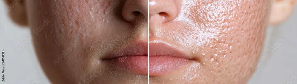 Obraz premium Extreme macro of acneprone skin, before and after shot of a successful treatment, focusing on pore reduction and smooth texture