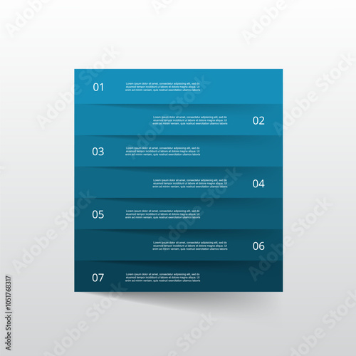 Step by step blue infographic template with 7 steps, options, parts or processes.