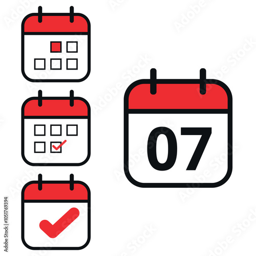 Simple flat icons in red in different calendar formats with specific day marked, day 07.