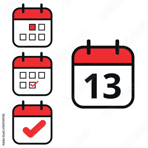 Simple flat icons in red in different calendar formats with specific day marked, day 13.