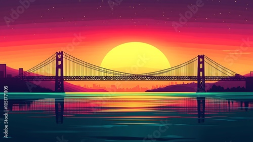 Flat silhouette illustration of the Golden Gate Bridge at sunset, with a sky full of vivid orange and red tones, creating a dynamic and visually dramatic effect over the bay waters.