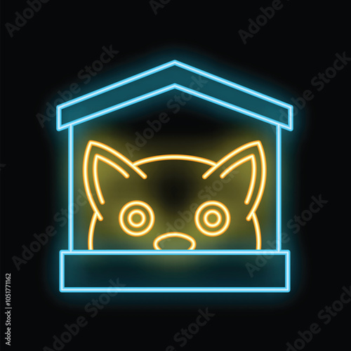 Glowing neon line cat sitting inside house icon isolated on black background. Pet animal life right concept. Vector illustration