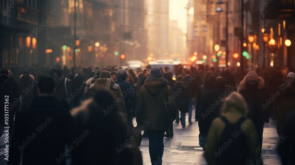 A blurred close-up of a multitude of people navigating a city street in the early morning. The crowd features a variety of figures, A blurred close-up of a multitude of people navigating a city street in the early morning. The crowd features a variety of figures,