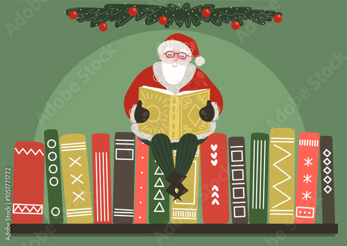 Santa Claus reading book on bookshelf