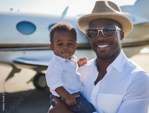 A man holding a small child in front of a private jet photo