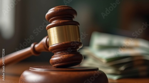 Close-up gavel in foreground, dollar bills in soft focus