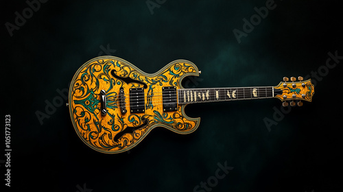 yellow electro guitar with dark green floral decals photo