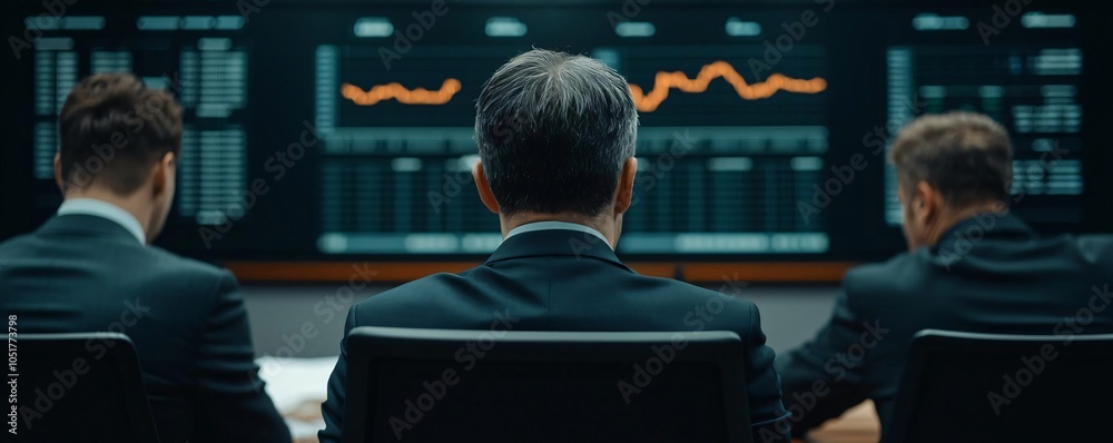 Three professionals analyzing data in a modern office with screens displaying graphs and statistics, showcasing teamwork and focus. Three professionals analyzing data in a modern office with screens displaying graphs and statistics, showcasing teamwork and focus.