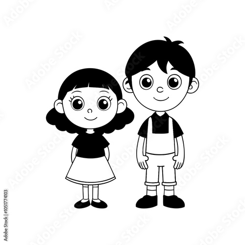 Kids, boy and girl, monochrome vector illustration, standing together, simple and clean design