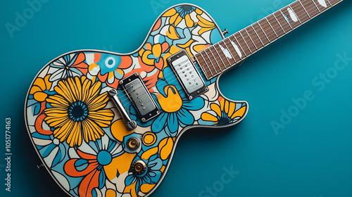 custom decorated electric guitar with flower decals on blue background photo