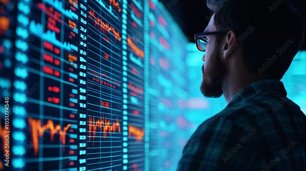 A focused individual analyzes financial data displayed on a vibrant screen, showcasing graphs and statistics in a modern environment. A focused individual analyzes financial data displayed on a vibrant screen, showcasing graphs and statistics in a modern environment.